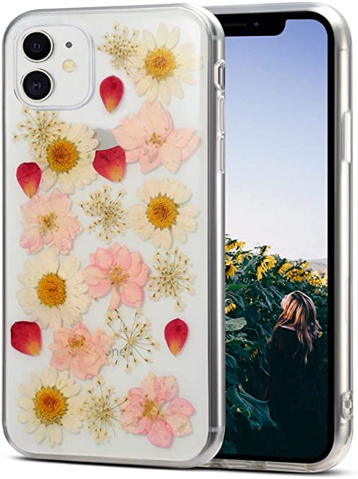 AHTONG Compatible with iPhone 12 Pro Flower Case, Pressed Dried Flowers Design for Girls [Support Wireless Charging] Soft Silicone TPU Phone Protective Cover for iPhone 12, 6.1 inch-Sunflower Pink