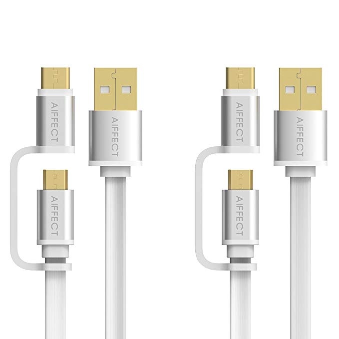 AIFFECT 2 Pack 3.3Ft 2 in 1 Duo Cable, Micro B to Type A Data & Charging USB Cable with Type C Adapter for Devices with Type C USB or Micro USB Port - Sliver