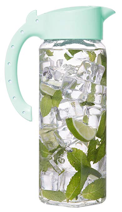 Durable 40 Oz Glass Pitcher with Lid, Drip-Free Hot Cold Water Jug, Juice and Iced Tea Beverage Carafe, Mint