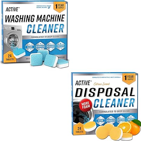 ACTIVE Washing Machine And Disposal Cleaning Tablets 48 Pack - Includes 12 Month Supply Garbage Disposer Freshener & Washing Machine Descaler Deep Cleaning Tablets - 48 Tablet Combo