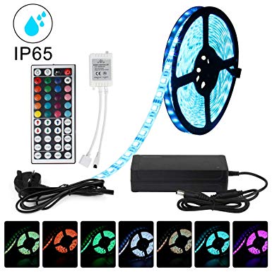 LED Strips Lights Supernight RGB 5050 Strip Kit, 16.4ft 5M 300LEDs IP65 Waterproof Flexible Colour Changing Decoration Lights with IR Remote Controller and DC 12V Power Supply