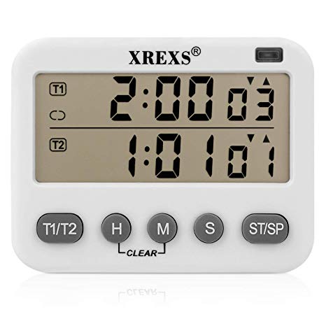 XREXS 2-Channel Loop Timer,Multifunctional Infinite Cycle Timer,Count up/down Timer,Kitchen Digital Timer,Tomato Timer,Adjustable Volume Timer,Energy-saving Timer(2AAA Batteries Included)(391)