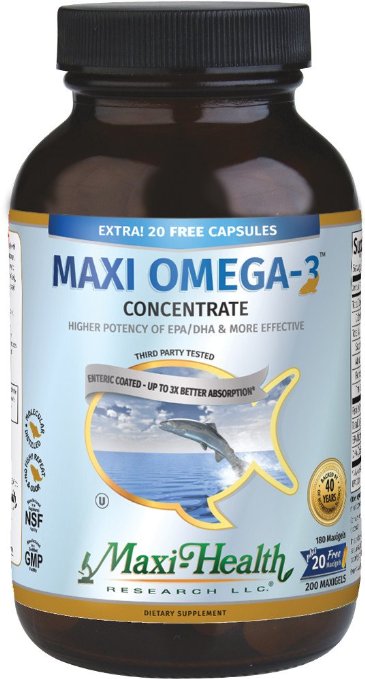 Maxi Health Omega-3 Fatty Acids Concentrate - Fish Oil - 2000mg - 180   20 Gel Capsules - Kosher