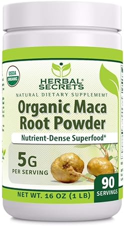 Herbal Secrets USDA Organic Maca Root Powder Supplement | 16 Oz | 5 Grams per Serving | Non-GMO | Gluten Free | Made in USA