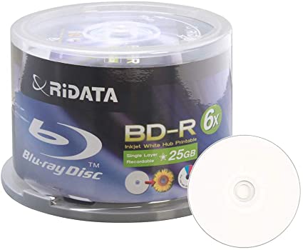 50 Pack Ridata 6X BD-R BDR 25GB Single Layer Blue Blu-ray White Inkjet Hub Printable Recordable Blank Media Disc with Spindle Packing