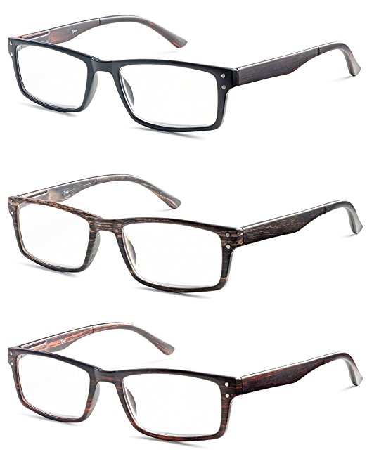 Rectangular Mens Reading Glasses - Set of 3 - Black, Brown, Burgendy, - Value Pack - All Magnification Strengths