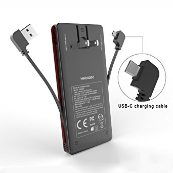 Heloideo USB-C 5000mAh Dual 5V/2.4A USB Ports Portable Charger with AC Adapter and Cables for Huawei P10 LG G6 Xperia XZ and more USB-C Port Devices, Type C Power Bank for Galaxy S8 (Black and red)