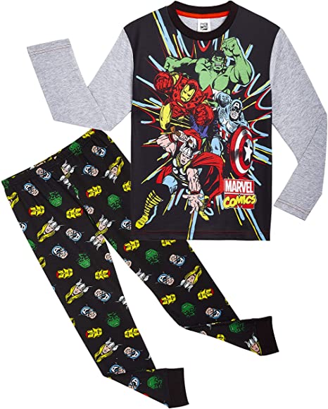 MARVEL Boys Pyjamas, Avengers Kids Pjs for Boys, Girls and Teenagers, Black and Grey Long Pyjama Cotton, Comics Kids Pyjamas with Captain America, Hulk, Thor and Iron Man, Gifts Boy Girl