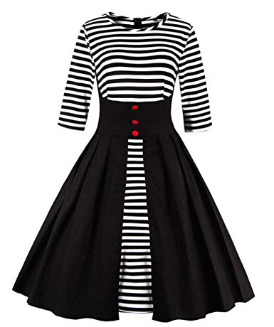 Wellwits Women's Stripes Vintage Retro 1950s Style Swing Cocktail Dress