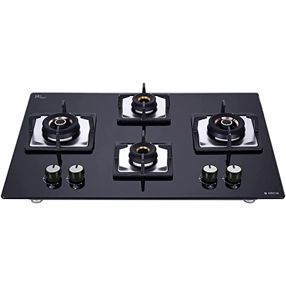 Elica Hob 4 Burner Auto Ignition Glass Top - 2 Double Ring Brass Burner and 2 Mini Triple Ring Brass Burner Gas Stove (Flexi AB Hct 470 Dx), Black