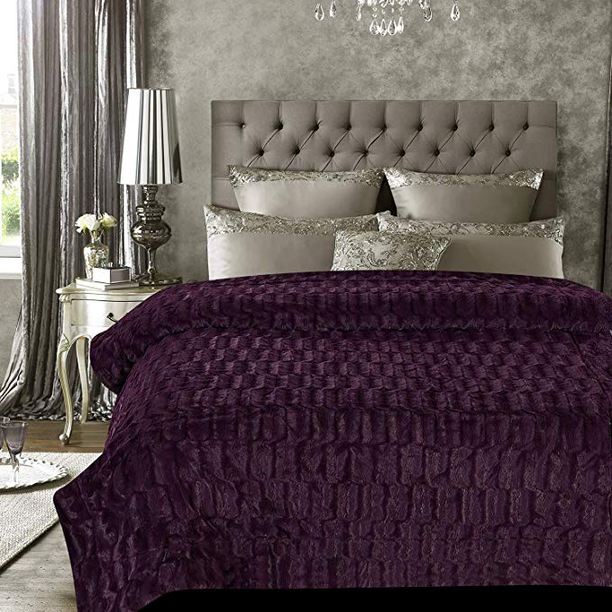 Chanasya Fuzzy Faux Fur Elegant Rectangular Embossed Throw Blanket - Plush Sherpa Microfiber Purple Blanket for Bed Couch Queen Blanket - Aubergine