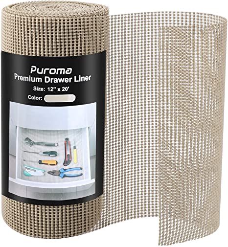 Puroma 12 Inch x 10 FT Drawer and Shelf Liner, Drawer Cabinet Non-Adhesive Protection, Durable and Strong Grip Liners for Drawers, Shelves, Kitchen, Cabinets, Storage, and Tables (Beige)