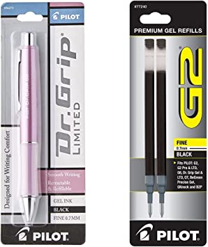 Pilot 36273 Dr. Grip Roller Ball Retractable Gel Pen, Fine, Metallic Mauve Barrell-Black & G2 Gel Ink Refills For Rolling Ball Pens, Fine Point, Black Ink, 2-Pack (77240)