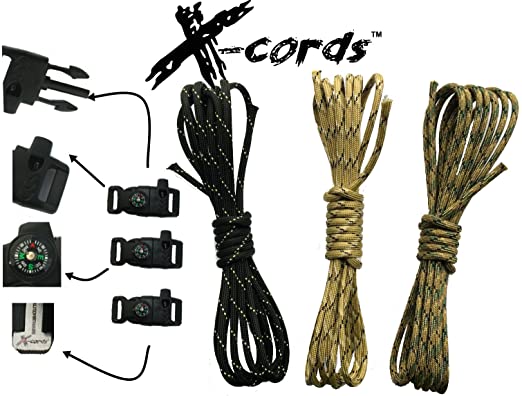 X-CORDS Paracord Bracelet Kit with Fire Starter Buckle-Compass-Buckles-Whistle Buckles and Instructions A Prepper Must Have