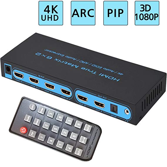 4x2 HDMI Matrix Switch, FiveHome Ultra HD 4K x 2K 4 in 2 out HDMI True Matrix Switcher/Splitter with Optical & L/R Audio Output- Support ARC,3D 1080p.Includes IR Remote Control & Power Adapter