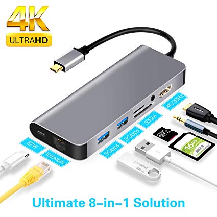 8 in 1 USB C Ethernet Hub, USB C to HDMI Adapter Compatible with MacBook/MacBook Pro,Samsung DeX for Galaxy S9/S8/Note 9/8,Nintendo Switch