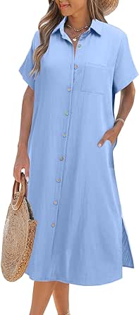 Zeagoo Womens Dress Summer Casual Short Sleeve Button Down Shirt Dress Beach Cover Up Dress with Pockets