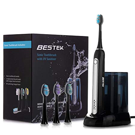 Electric Toothbrush - BESTEK Power Rechargeable Toothbrush Includes 4 Sonic Toothbrush Heads& UV Sanitizer, 3 Brush Modes in-Handle Timer and Inductive Charging Technology, Waterproof -RLT234 Black