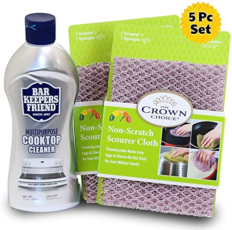 BAR KEEPERS FRIEND Cooktop Cleaner (13 OZ) and TWO Non Scratch Scouring Dishcloth | Glass Ceramic Stovetop and Oven Cleaner