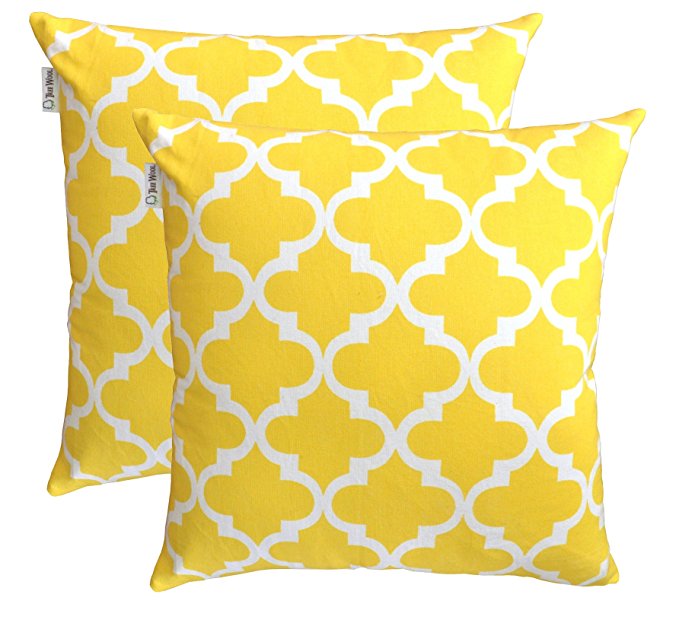 TreeWool Throw Pillowcase Trellis Accent Pure Cotton Decorative Cushion Cover (18 x 18 Inches / 45 x 45 cm; Yellow) - Pack of 2