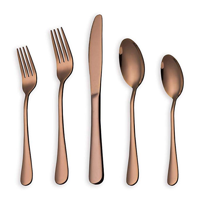 HOMQUEN 20-Piece Copper Color Set Service for 4, Stainless Steel Knives Forks Spoons Cutlery Set, Rose Gold Plated Tableware Set Dishwasher Safe(Rose Gold - 20 Piece)