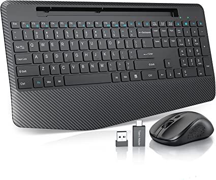 Wireless Keyboard and Mouse, Ergonomic 2.4GHz Cordless Keyboard ＆ Mouse Combo with Wrist Rest - Phone Holder, Jiggler Mouse with 3 DPI, Keep PC Awake, Quiet Click Set for Mac, PC, Laptop, Chromebook