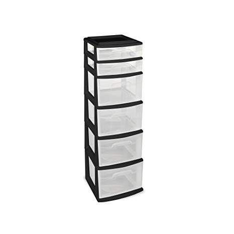 HOMZ Plastic 6 Drawer Medium Storage Tower, Black Frame, Clear Drawers, Set of 1