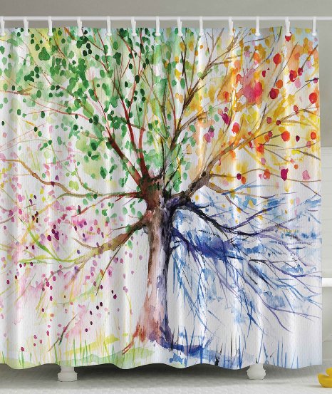 Colorful Tree Four Seasons Shower Curtain, Berry Green Red Yellow Navy Brown, Extra Long Bath Decorations Bathroom Decor Sets with Hooks Marriage Gifts for Men and Women in Art Print Polyester Fabric