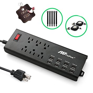 FlePow Surge Protector Power Strip 1625W/13A 6-Outlet Power Strips with 8 USB Charging Ports   18 Pin Retractable Cable for iPhone,and 1 Micro USB Retractable Cable for Any Micro USB Powered Device