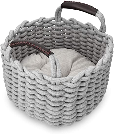 Navaris Small Cat Bed Basket - Soft Woven Round Pet Nest with Handles and Removable Cushion - Gray Braided Cotton Rope Bedding for Cats and Dogs