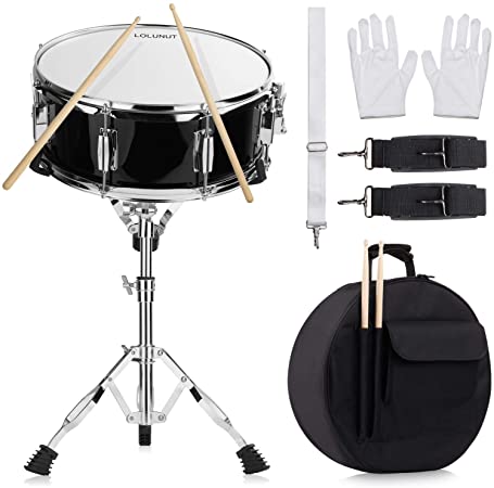 14 inch Snare Drum Set with Gig Bag, a pair Sticks,drum Stand and Drum Keys,a pair practice gloves for Students,Beginners (14'', Black)