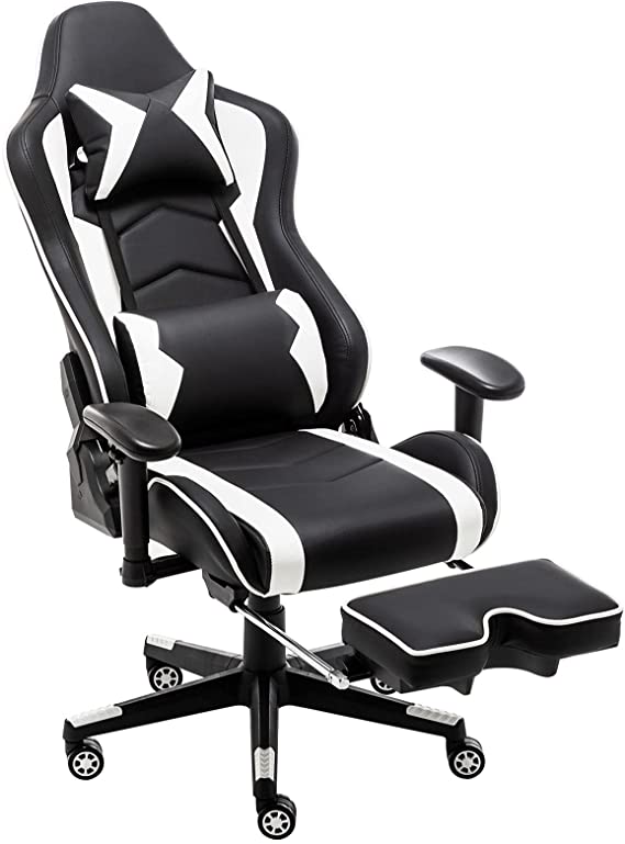 Gaming Chair Ergonomic Office Chair - High Back Computer Chairs Reclining Desk Chair with Headrest, Lumbar Support & Retractable Footrest(White & Black)