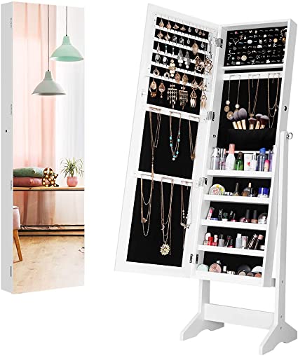 LANGRIA Jewelry Armoire Cabinet with Full-Length Frameless Mirror, Lockable Floor Standing & Wall Mounting Large Capacity Jewelry Storage Organizer, 4-Angles Tiltable (White)