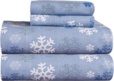 Pointehaven Heavy Weight Printed Flannel 100-Percent Cotton Sheet Set, Snow Flakes, Queen