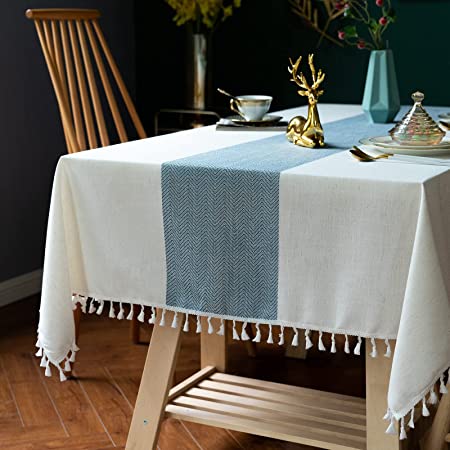 JIALE Cotton Linen Kitchen Dining Tablecloths, Rustic Farmhouse Waterproof Tablecloth, Wrinkle Free Embroidery Table Cloth, Washable Indoor & Outdoor Tablecloths with Tassels for Rectangle Tables