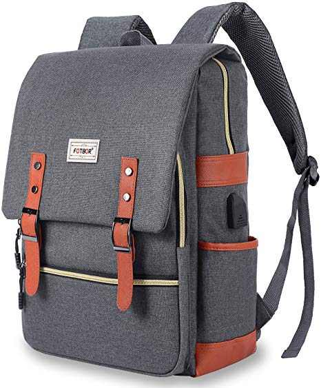 Unisex College Bag, Vintage Backpack, JDHDL Travel Business Laptop Backpack with USB Charging Port Casual Ruck Water Resistant Slim Bookbag 15.6 inch Tear Resistant Design for MacBook (Grey)