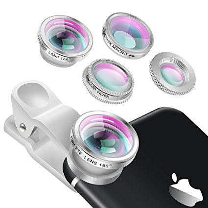 Phone Camera Lens, 4 in 1 iPhone Lens Kit with 180 Degree Fisheye Lens   Wide Angle Lens   10X Macro Lens   CPL Lens for iPhone 6s/6s Plus, Samsung Galaxy S6 S7 Edge ,Huawei and Most Of All (Silver)