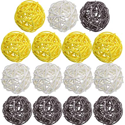 Yaomiao Wicker Rattan Balls Decorative Orbs Vase Fillers for Craft Project, Wedding Table Decoration, Themed Party, Baby Shower, Aromatherapy Accessories (Yellow Gray White, 2 Inch)