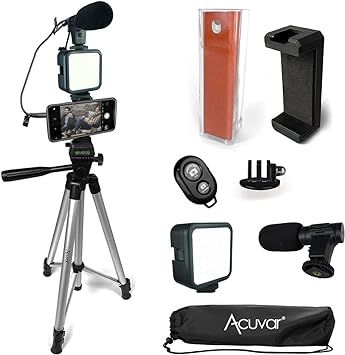Acuvar Advanced Vlogging Kit for iPhone, Android & Cameras, LED Light, Microphone, Phone Holder, Gopro Mount & Screen Cleaner Stand for Live Stream Calls, YouTube, Instagram TikTok