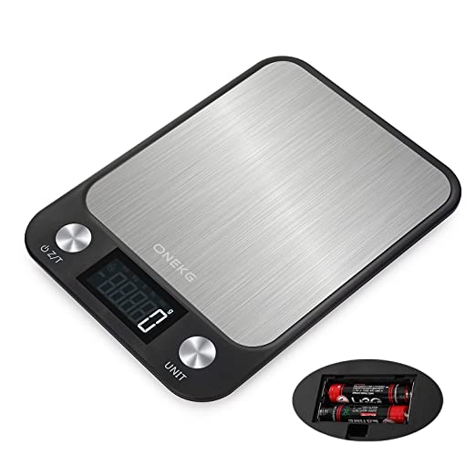 ONEKG Digital Food Kitchen Scale, 7 Units LCD Display Scale in KG, G, oz, lb, tl, ml and ml(Milk), Max 11lbs/5kg Precise Scale for Cooking and Baking, Stainless Steel, Easy Clean (Batteries Included)