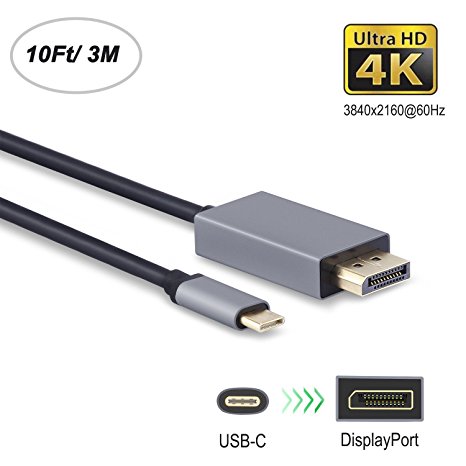 USB-C to DisplayPort Cable 10Ft AllEasy USB 3.1 Type C (Thunderbolt 3) to Displayport Cable Support 4K 3840x2160 @60Hz for New Macbook Pro 2017/2016, Samsung Galaxy S8/S8 , Dell XPS 13 - 10Feet/ 3M