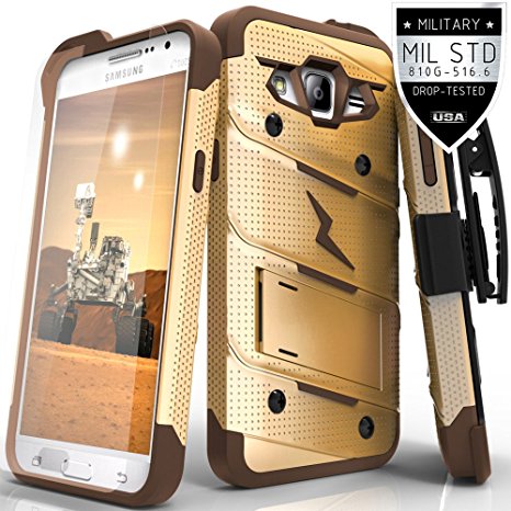 Zizo Dual-Layer Kickstand Holster Clip Bolt Cover with .33mm Tempered Glass Screen Protector for Galaxy Grand Prime G530 S920C – Gold/Brown