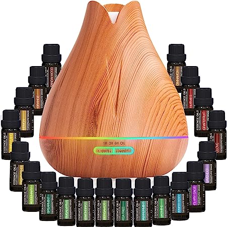 Pure Daily Care Ultimate Aromatherapy Bundle - 300ml Ultrasonic Diffuser with 20 Essential Plant Oils - 4 Timer & 7 Ambient Light Settings - Therapeutic Grade Essential Oils