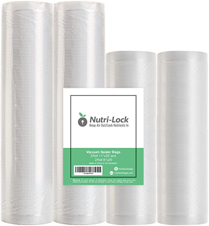 Nutri-Lock Vacuum Sealer Bags. 4 Rolls 11"x25' and 8"x25' Commercial Grade Bag Rolls. Works with FoodSaver and Sous Vide. Fits Inside Sealer Machine.