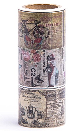 Washi Tape (Japanese Masking Tape) by MIKOKA, 1.2 Inches Wide, 16.4 Feet Long, Set of 3 - Vintage