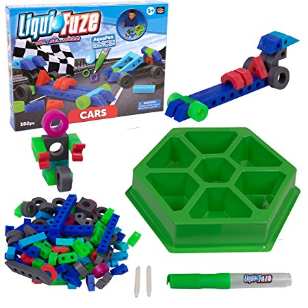 LiquiFuze Play Blocks - Use Water to Fuze Play Pieces Together to Customize Creations - Includes 100 Building Pieces, Storage Tray, and AquaPen (Car Edition)