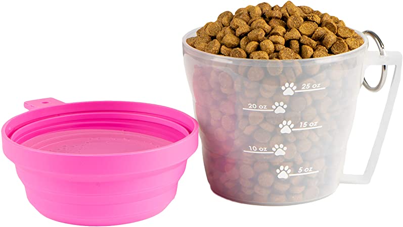 Mirecek Maxy Dog Food Travel Container, BPA-Free Pet Food Storage Container, Portable Collapsible Bowl and Measuring Cup Combo for Pet Travel, Reusable Plastic Bowl for Cats and Dogs