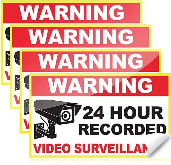 Waterproof Video Surveillance Sticker (6 x 3.5 Inches) for Your Home Security Camera System (4 Pack)