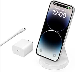 Belkin Magnetic Wireless Charger Stand - MagSafe Charger Compatible - Magnetic iPhone Charger - Wireless Charger - Works with Apple iPhone 14, iPhone 13 & iPhone 12 - Power Supply Included - White