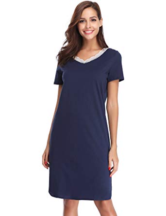 Hawiton Women's Lace V Neck Nightdress Loose Fit Sleep Shirt Short Sleeve Sleepwear